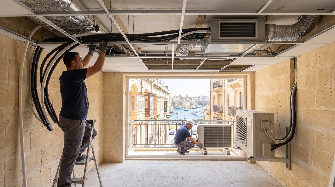 Refrigerant line sets and ducting run above an open ceiling grid in a Maltese apartment, with an outdoor condenser being set on the balcony beyond