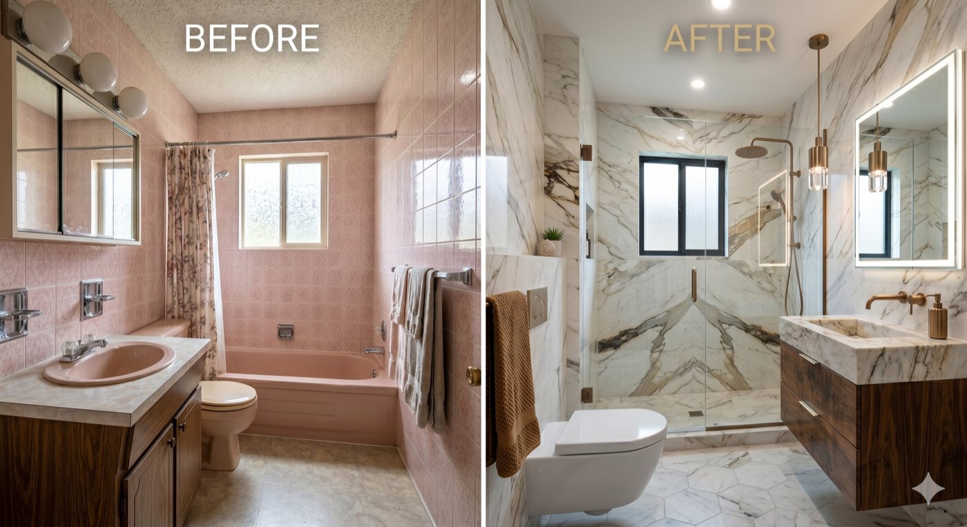Before and after of a full bathroom renovation in Malta — dated pink suite transformed into a marble walk-in shower
