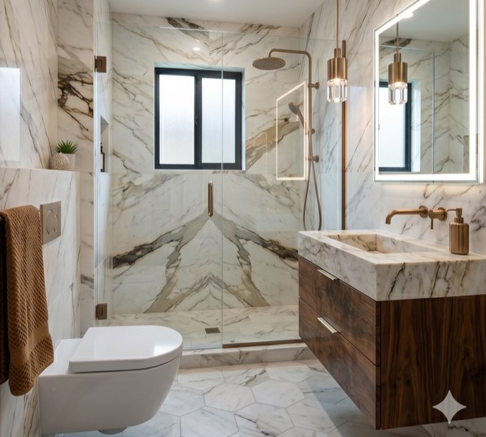 A finished bathroom fit-out with full-height marble and a walk-in shower
