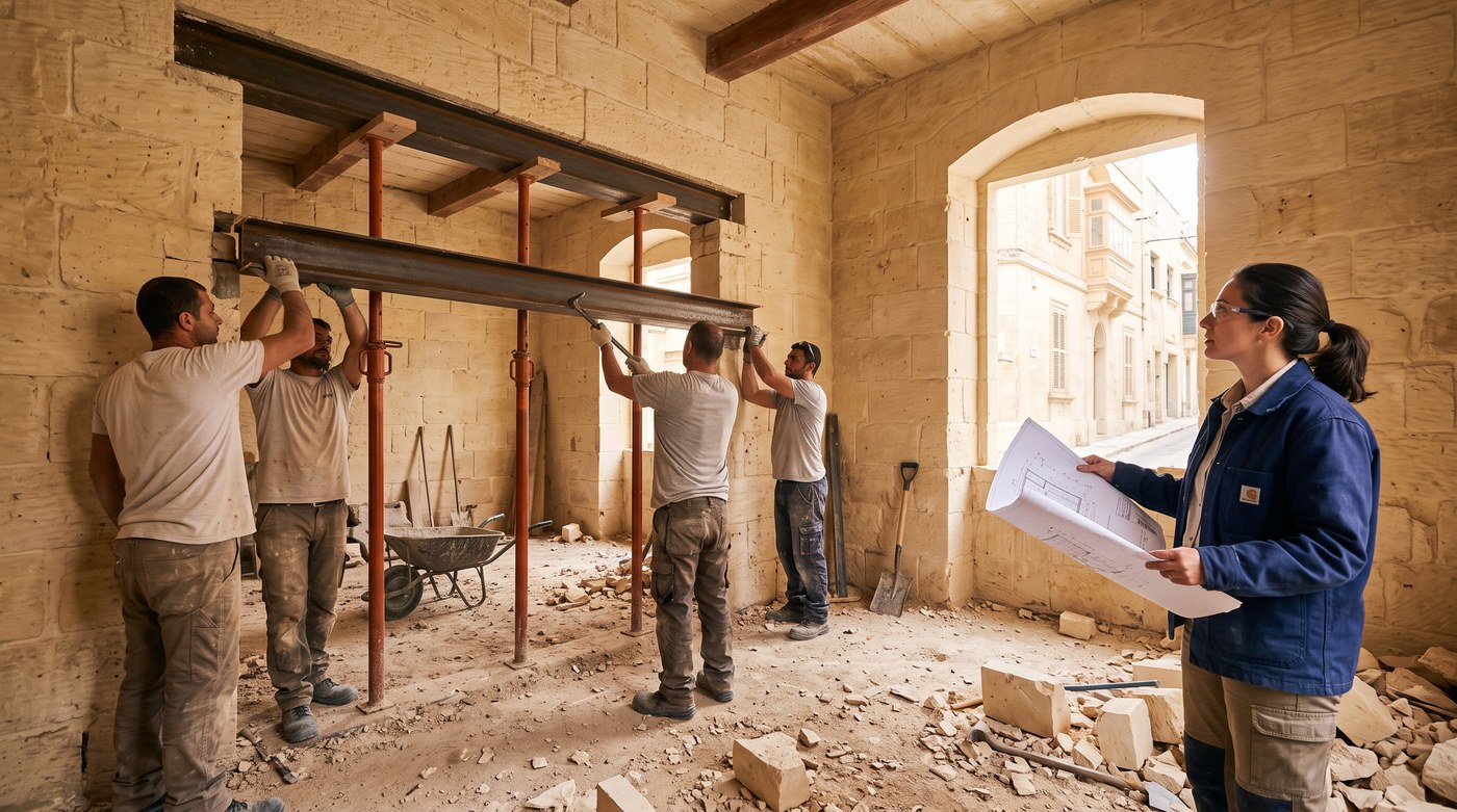 Builders positioning a steel lintel over a new opening in a Maltese limestone wall, propped, with an architect checking the structural drawing