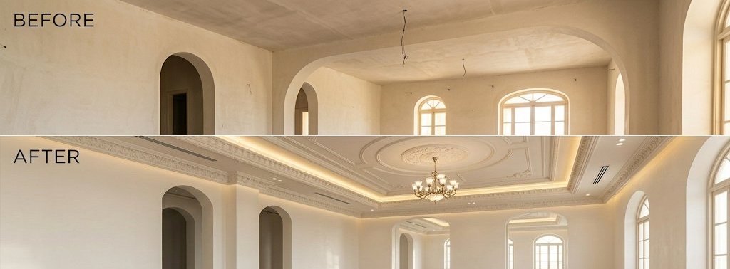 Before and after: a plain ceiling replaced with a coffered gypsum ceiling, cornice and concealed cove lighting