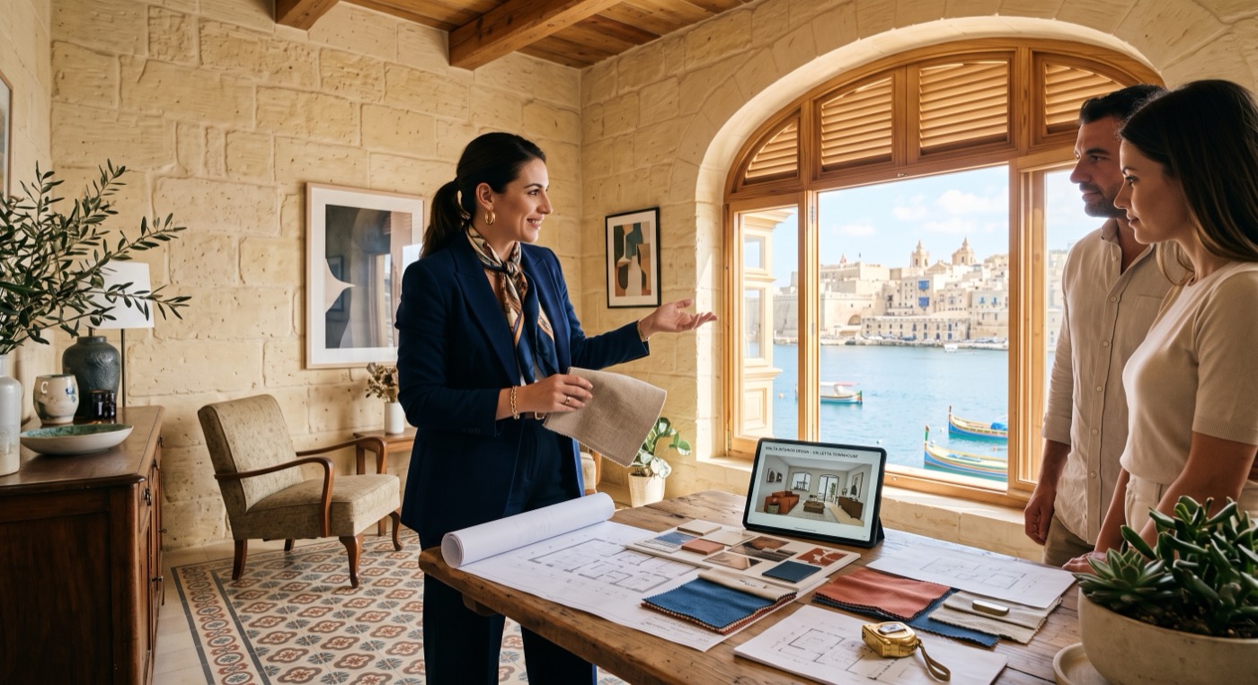An interior designer presenting fabric and finish samples to clients in a Maltese townhouse overlooking the harbour