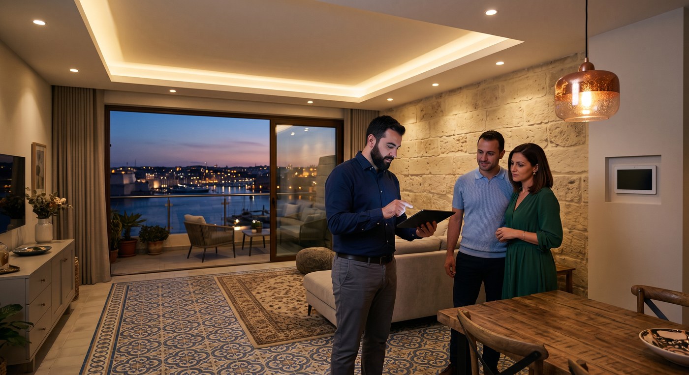 A Maltese living room at dusk with a lit ceiling cove, recessed downlights and a wall-mounted control panel, harbour lights beyond