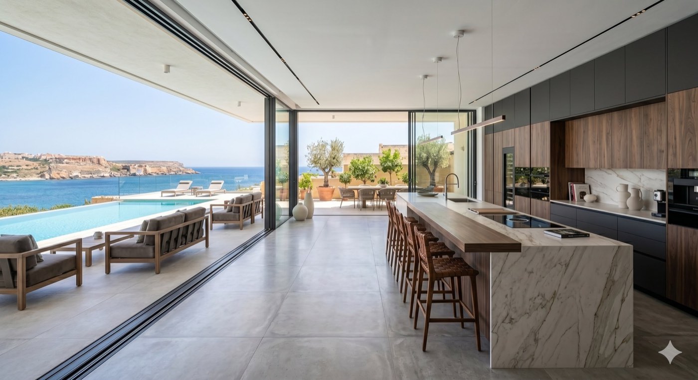 A completed kitchen fit-out in a Malta villa, opening to a terrace