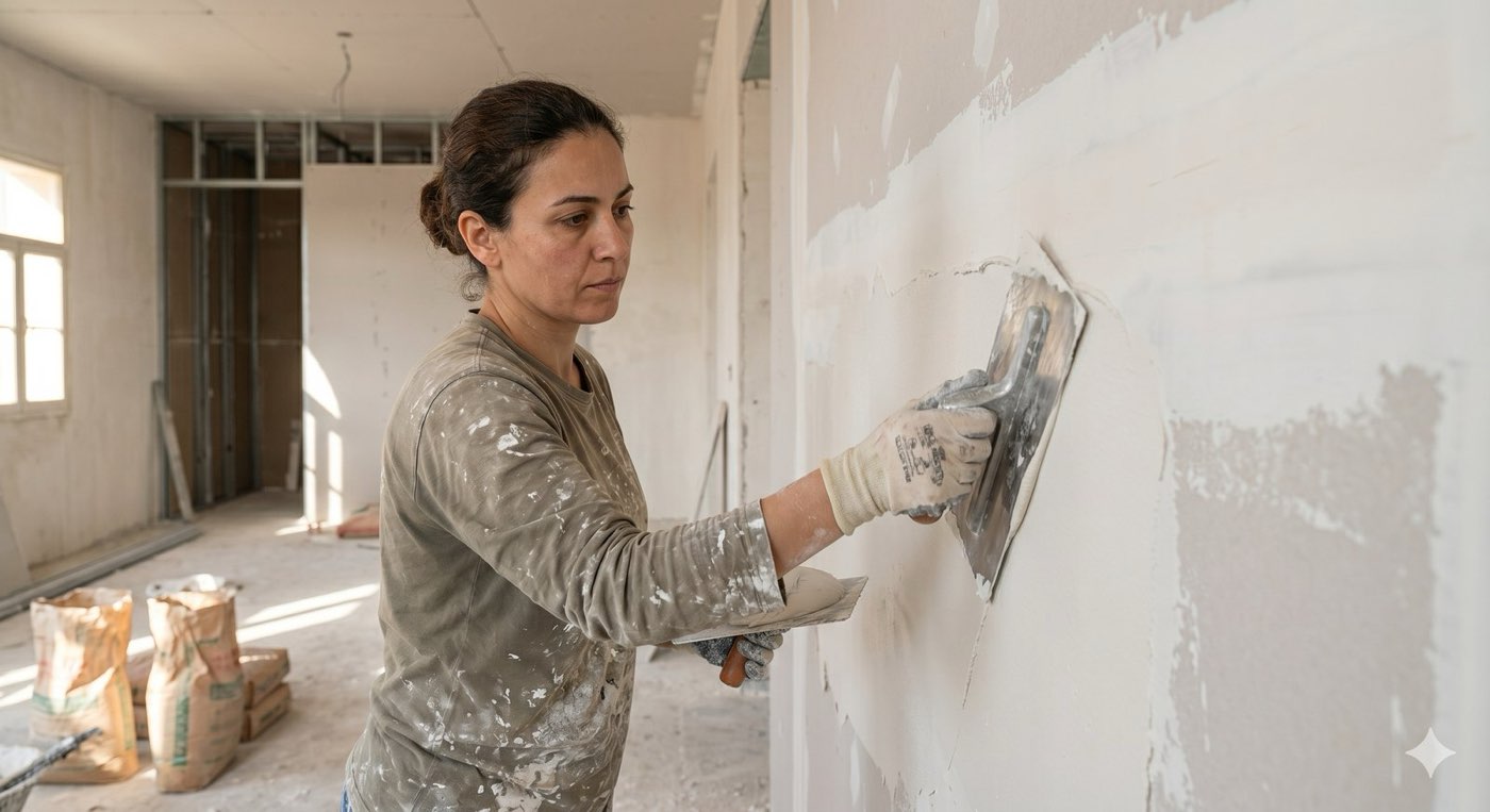 A plasterer skimming a wall to a smooth finish on a Malta renovation