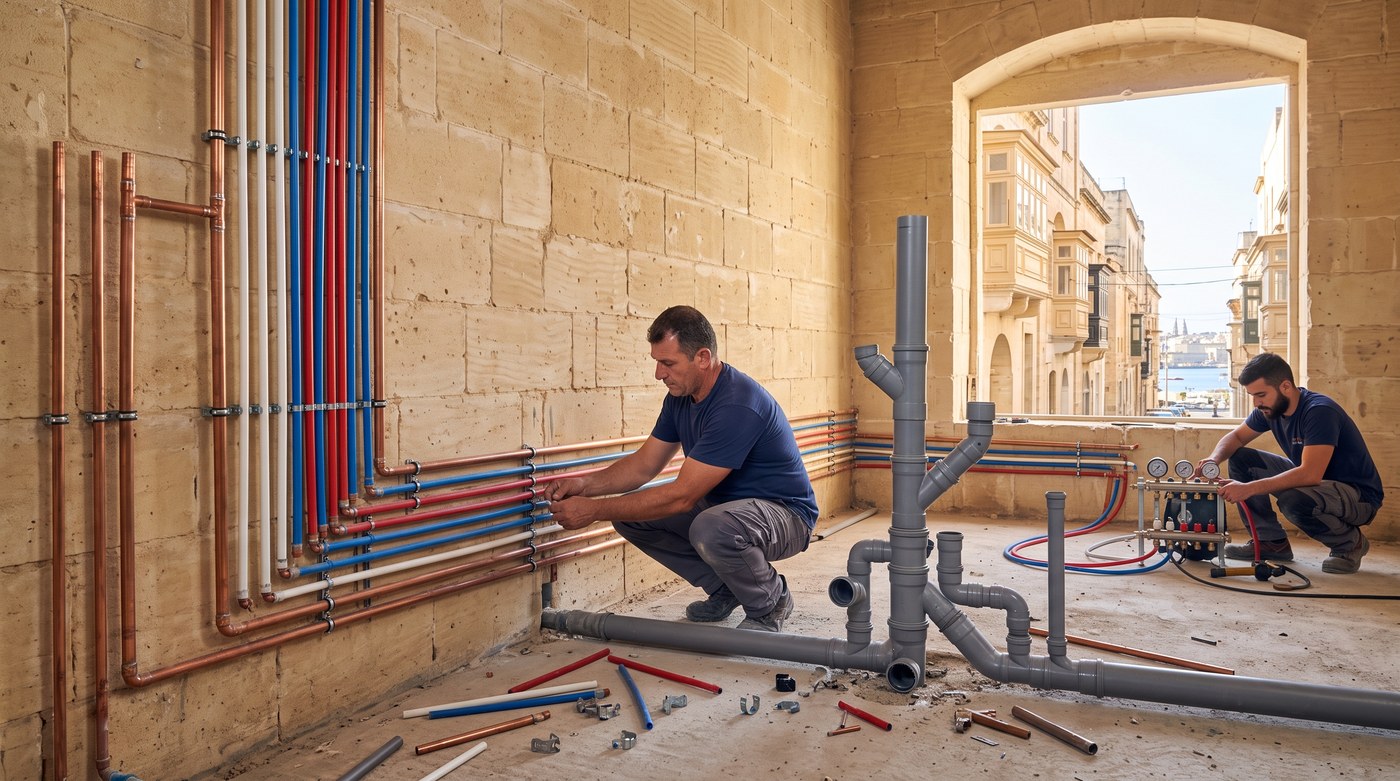 A plumber setting out first-fix supply runs on a bare Maltese blockwork wall, with the soil stack and a manifold in place