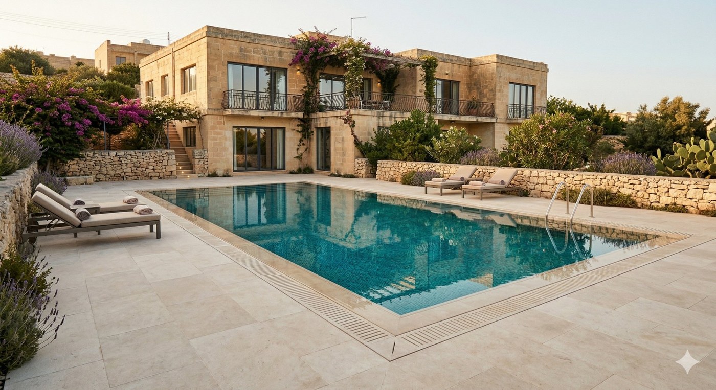 A renovated Maltese villa pool — new coping, travertine terrace and planting