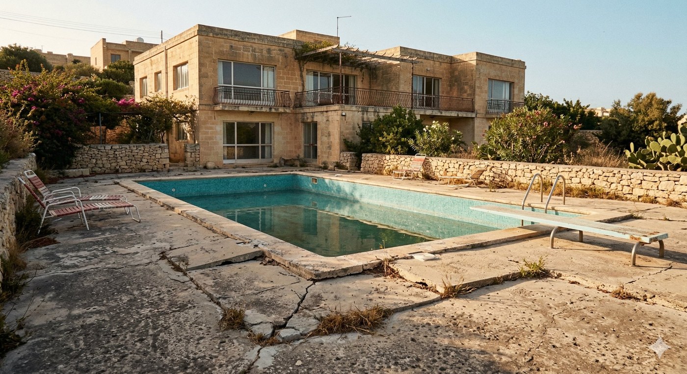 Neglected pool Malta before renovation