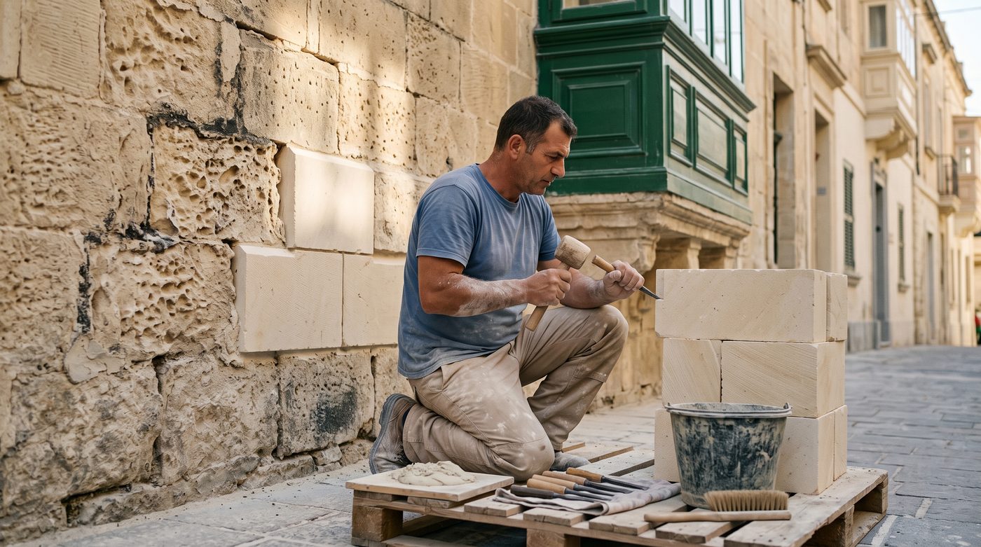 A stonemason kneeling in a Maltese street, dressing the edge of a new franka limestone block with a chisel and wooden mallet; three freshly cut pale blocks are already pieced into the eroded, salt-pitted old wall beside him, beneath a green enclosed timber balcony
