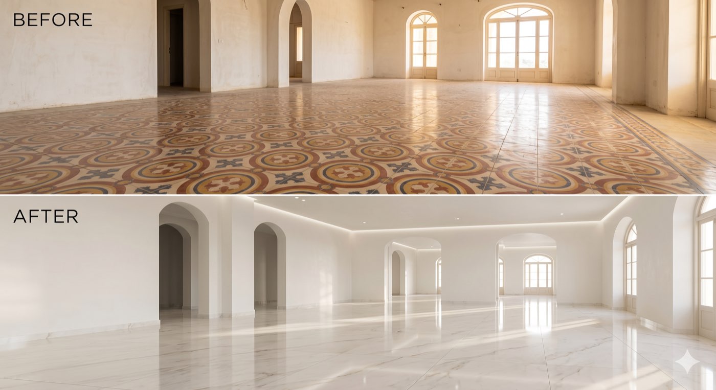 Before and after: a traditional Maltese patterned-tile floor retiled in white marble, Malta